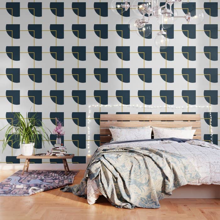Fusion Minimalist Geometric Abstract In Mustard Yellow, Navy Blue, And White Wallpaper