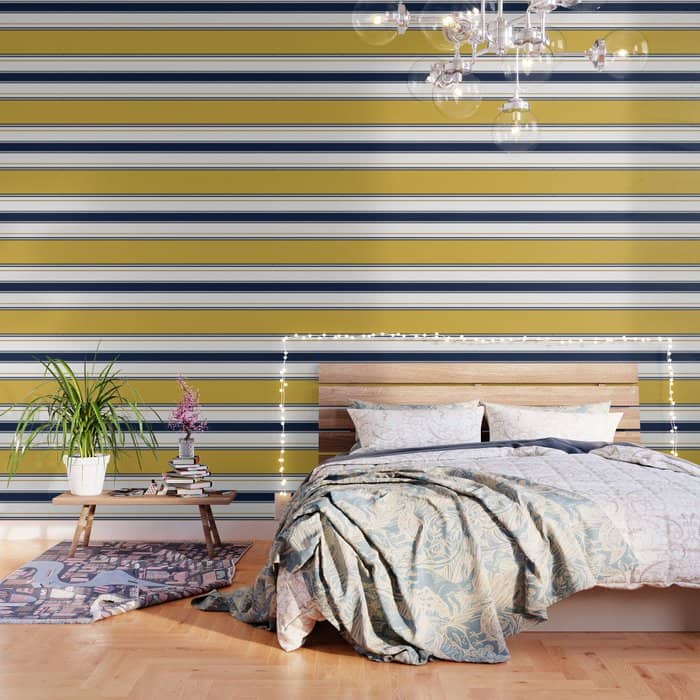 Wide And Thin Stripes Color Block Pattern In Mustard Yellow, Navy Blue, Ivory, And White Wallpaper