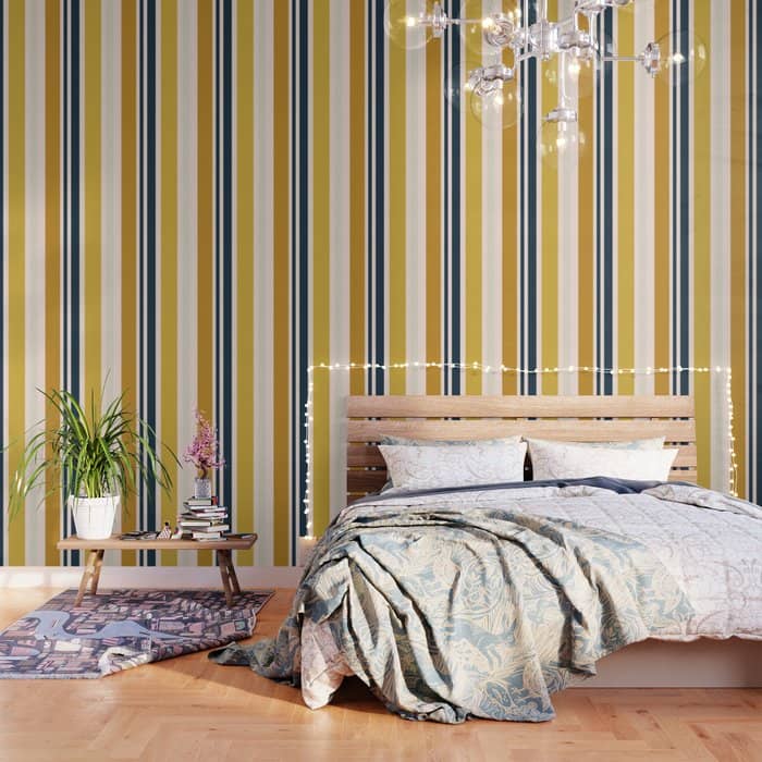 Blush Pink, Navy Blue, Mustard Yellow Big Stripes Pattern Wallpaper