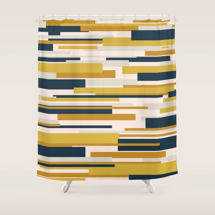 Wright Mid-Century Modern Abstract In Mustard Yellow, Navy Blue, Pale Blush Shower Curtain