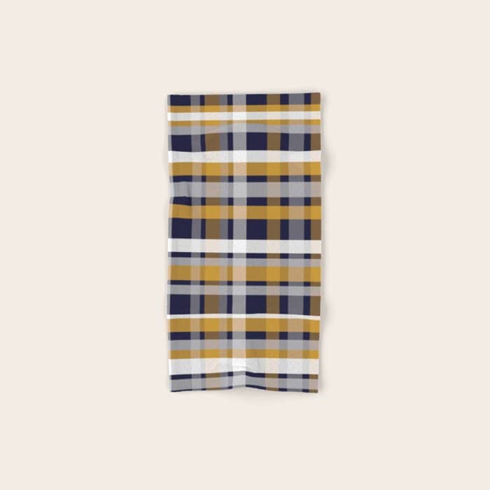 Modern Retro Plaid In Mustard Yellow, White, Navy Blue, And Grey Bath Towel