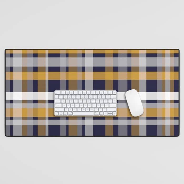 Modern Retro Plaid In Mustard Yellow, White, Navy Blue, And Grey Desk Mat