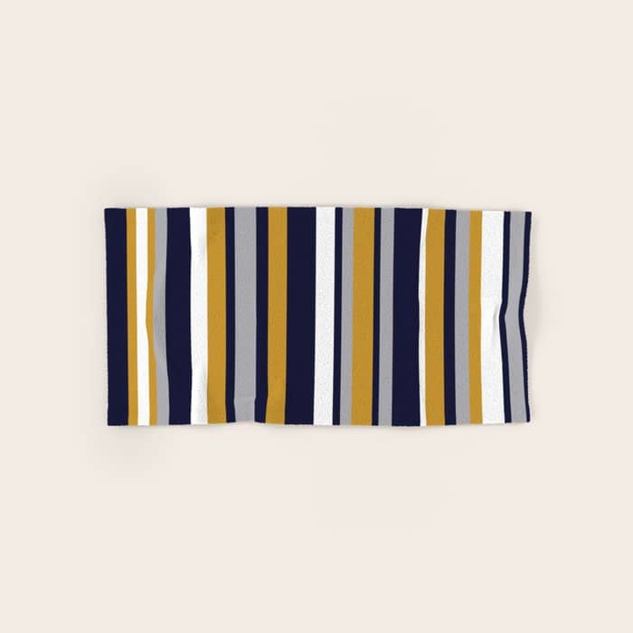 Modern Stripes In Mustard Yellow, Navy Blue, Gray, And White. Minimalist Color Block Bath Towel