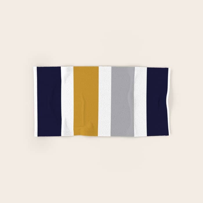 Quattro Stripe Minimalist Broad Stripe Color Block Pattern In Mustard Yellow, Navy Blue, Gray, White Bath Towel