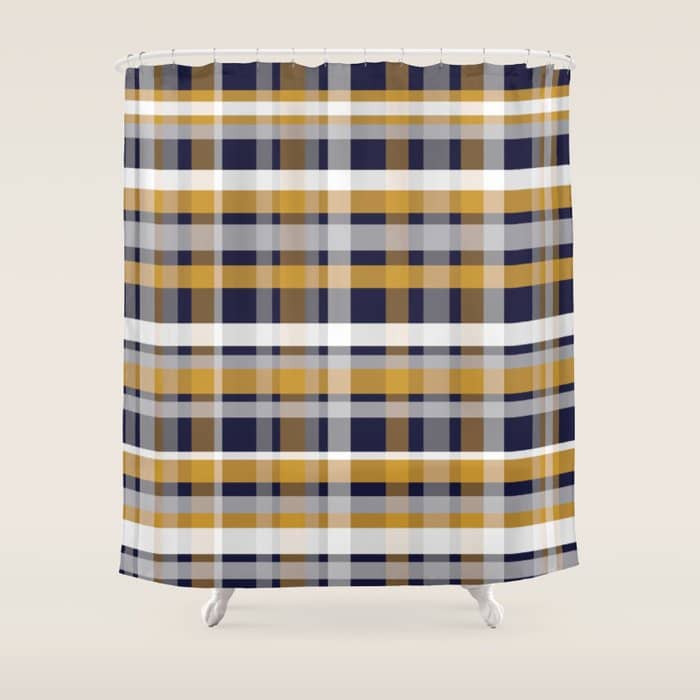 Modern Retro Plaid In Mustard Yellow, White, Navy Blue, And Grey Shower Curtain