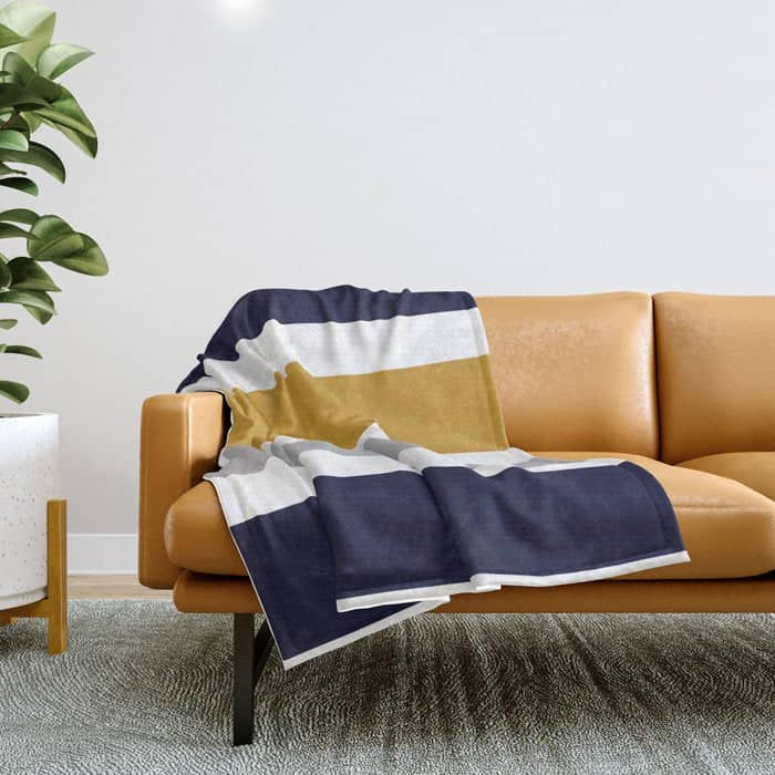 Quattro Stripe Minimalist Broad Stripe Color Block Pattern In Mustard Yellow, Navy Blue, Gray, White Throw Blanket