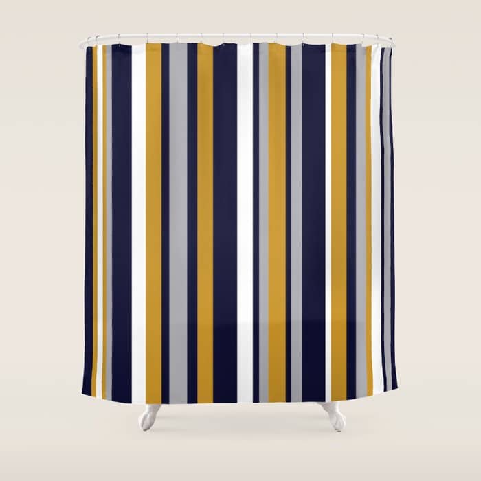 Modern Stripes In Mustard Yellow, Navy Blue, Gray, And White. Minimalist Color Block Shower Curtain