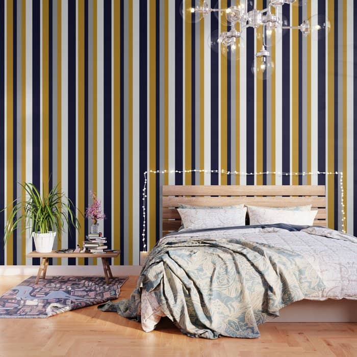 Modern Stripes In Mustard Yellow, Navy Blue, Gray, And White. Minimalist Color Block Wallpaper