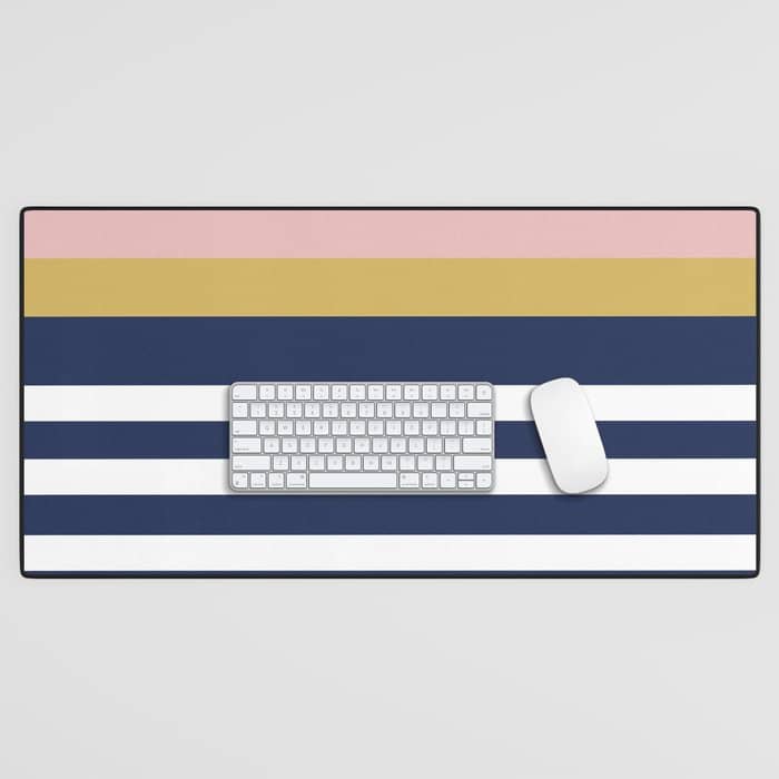 Graduated Stripes In Navy Blue, Blush Pink, Mustard Yellow, And White. Minimalist Color Block Design Desk Mat