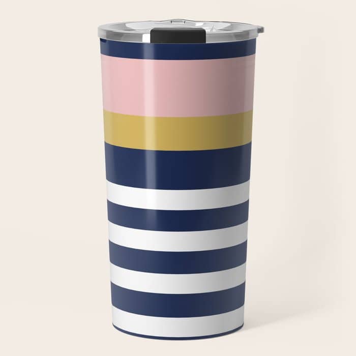 Graduated Stripes In Navy Blue, Blush Pink, Mustard Yellow, And White. Minimalist Color Block Design Travel Mug