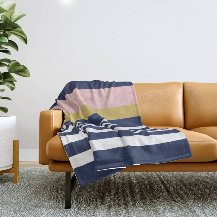 Graduated Stripes In Navy Blue, Blush Pink, Mustard Yellow, And White. Minimalist Color Block Design Throw Blanket