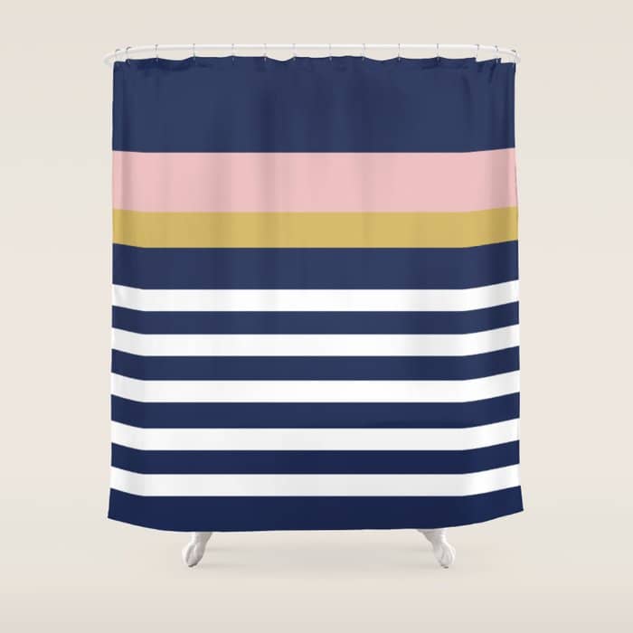 Graduated Stripes In Navy Blue, Blush Pink, Mustard Yellow, And White. Minimalist Color Block Design Shower Curtain