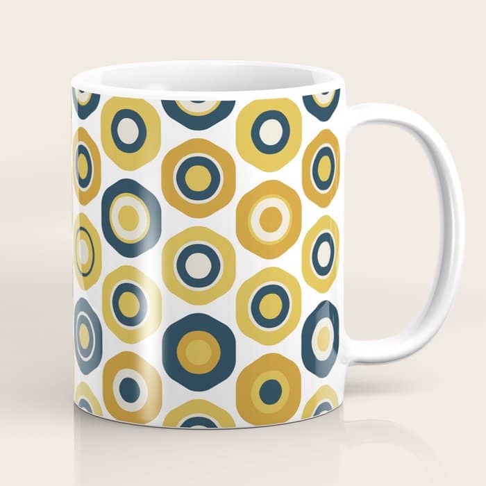 Buttons. Cute Geometric Pattern In Mustard Yellows, Blue, And Taupe On White Coffee Mug