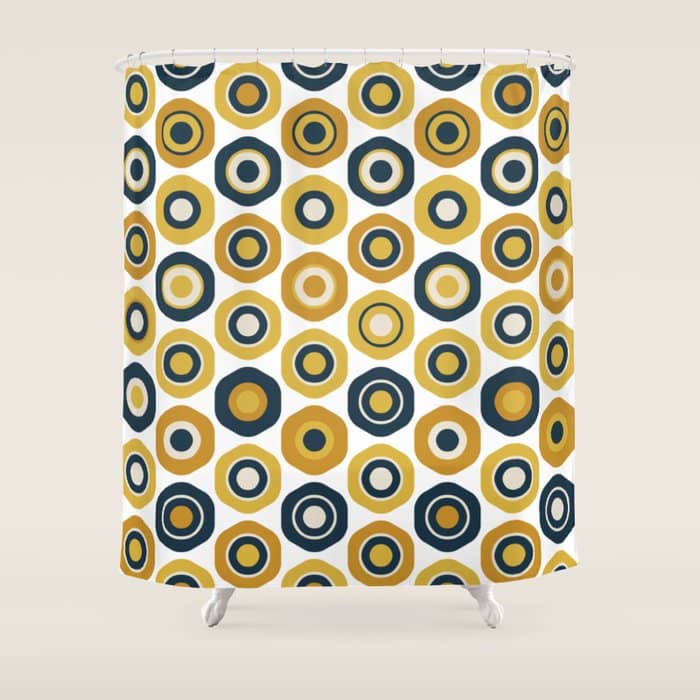 Buttons. Cute Geometric Pattern In Mustard Yellows, Blue, And Taupe On White Shower Curtain