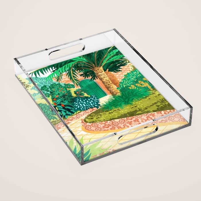 The House With The Green Door, Nature Architecture Painting, Places Stay At Home Tropical Villa Acrylic Tray