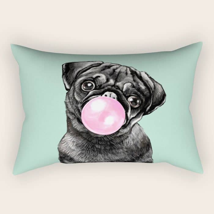Bubble Gum Black Pug In Green Rectangular Pillow