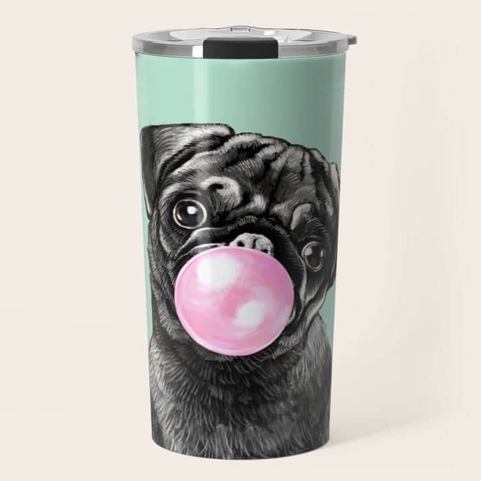 Bubble Gum Black Pug In Green Travel Mug