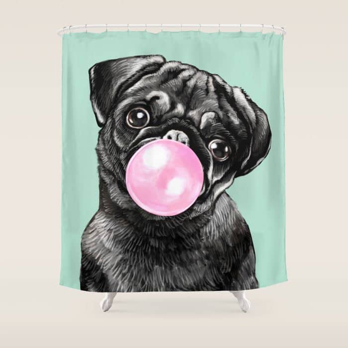 Bubble Gum Black Pug In Green Shower Curtain