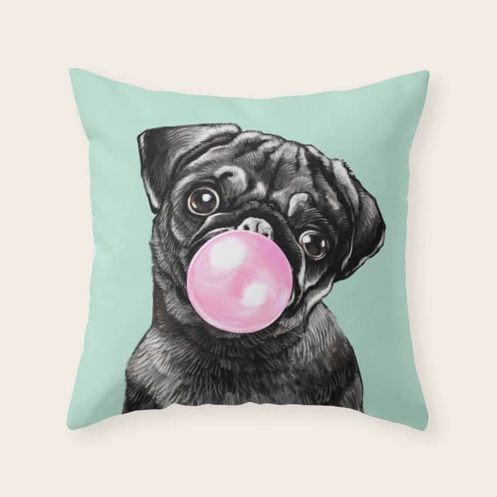 Bubble Gum Black Pug In Green Throw Pillow