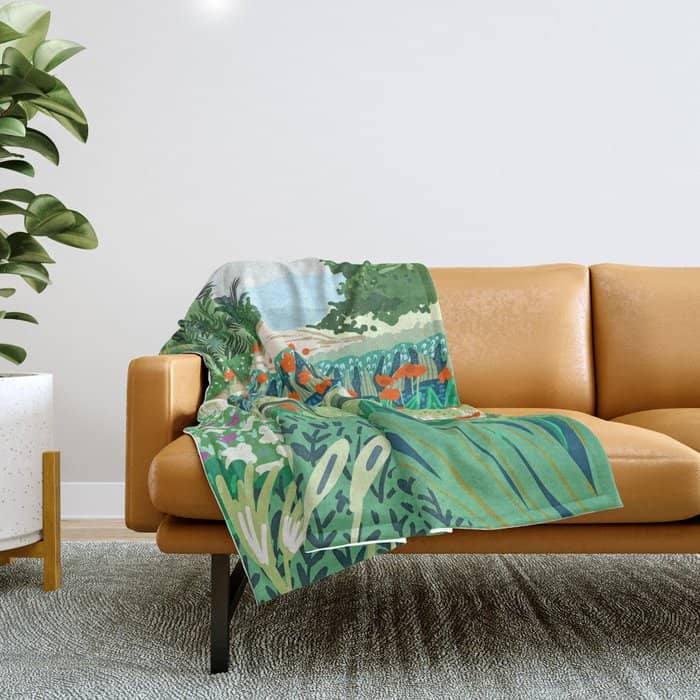 Solo Walk, Nature Jungle Forest Tropical Colorful Vibrant Bortanical Illustration Painting Throw Blanket