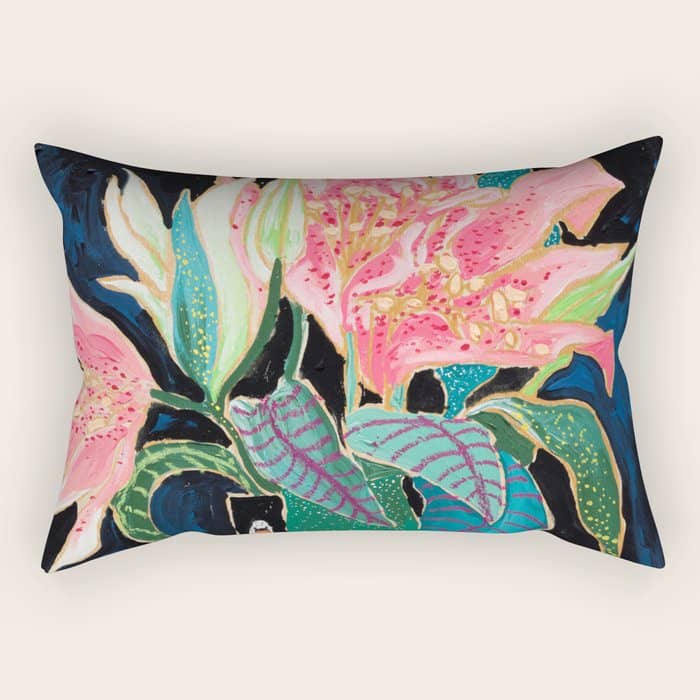 Swan Vase With Pink Lily Flower Bouquet On Dark Blue And Black Winter Floral Rectangular Pillow