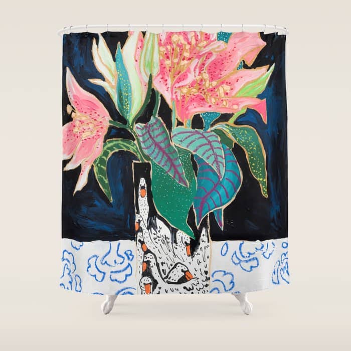 Swan Vase With Pink Lily Flower Bouquet On Dark Blue And Black Winter Floral Shower Curtain