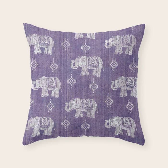 Elephants On Linen - Amethyst Throw Pillow