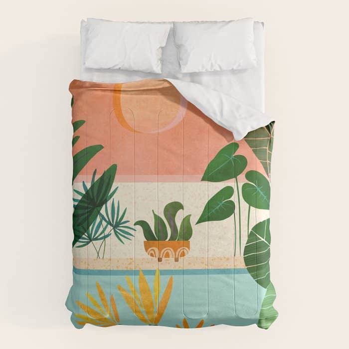 Shangri La Sunset Exotic Landscape Illustration Comforter