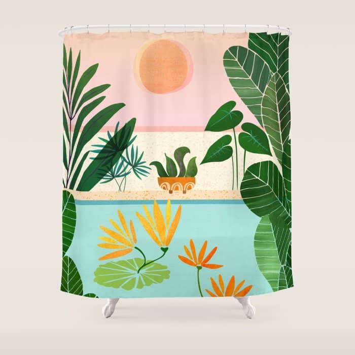 Shangri La Sunrise Tropical Poolside Scene Shower Curtain