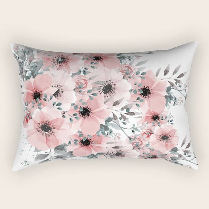 Watercolor Flower, Blush Pink And Gray, Floral Prints Rectangular Pillow