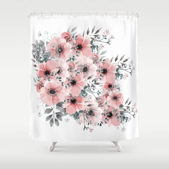 Watercolor Flower, Blush Pink And Gray, Floral Prints Shower Curtain