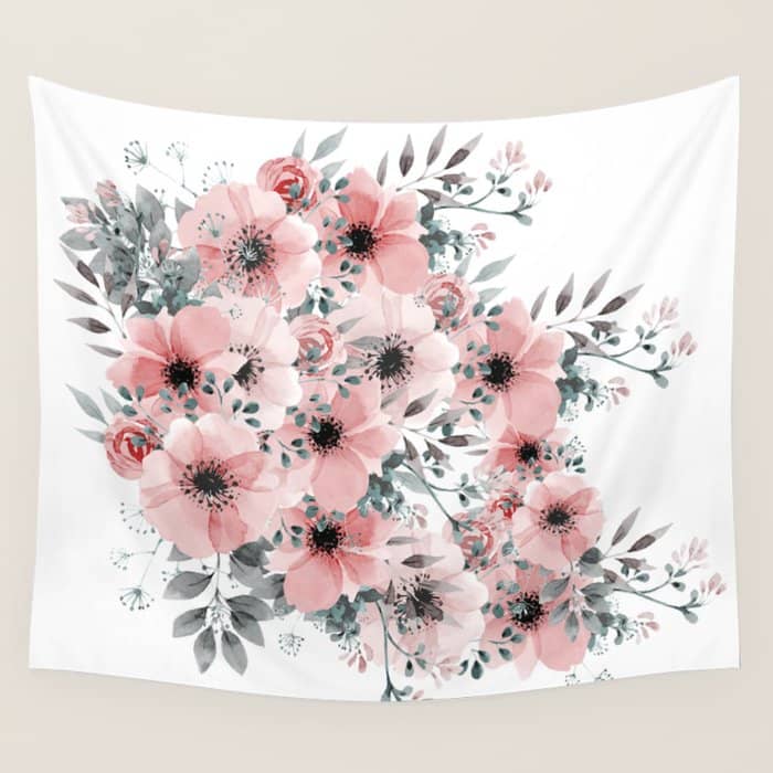 Watercolor Flower, Blush Pink And Gray, Floral Prints Wall Tapestry