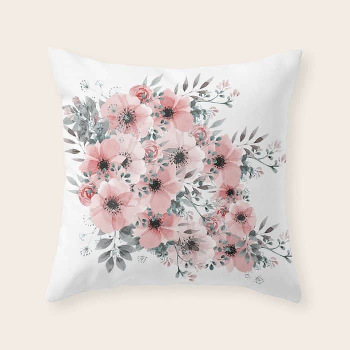 Watercolor Flower, Blush Pink And Gray, Floral Prints Throw Pillow