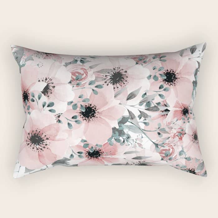 Flower Watercolor, Blush Pink And Gray, Floral Prints Rectangular Pillow