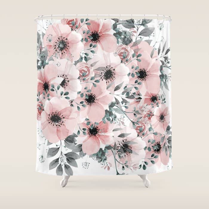 Flower Watercolor, Blush Pink And Gray, Floral Prints Shower Curtain