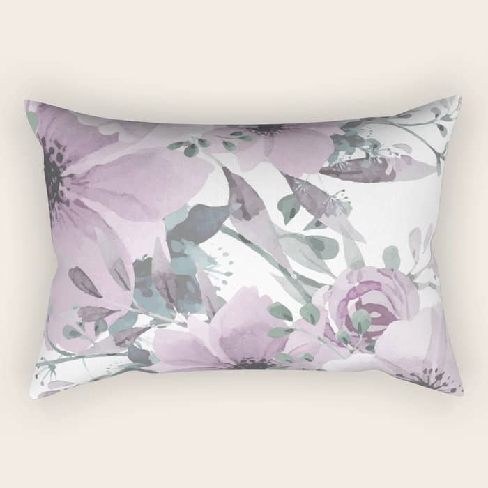Floral Watercolor, Purple And Gray Rectangular Pillow