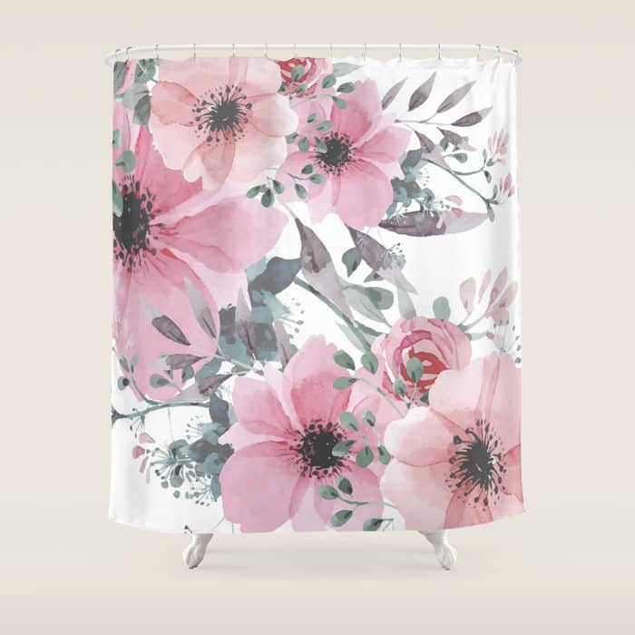 Floral Watercolor, Pink And Gray, Watercolor Print Shower Curtain
