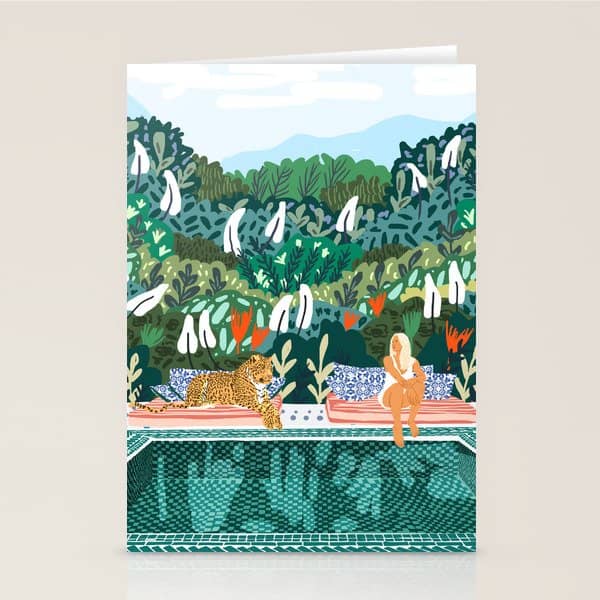 Chilling By The Pool With My Leopard Tropical Jungle Nature Wildlife Bohemian Morocco Travel Stationery Card