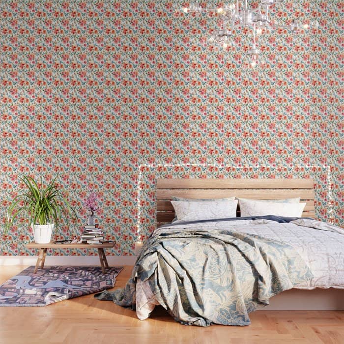 Red Turquoise Teal Floral Watercolor Wallpaper