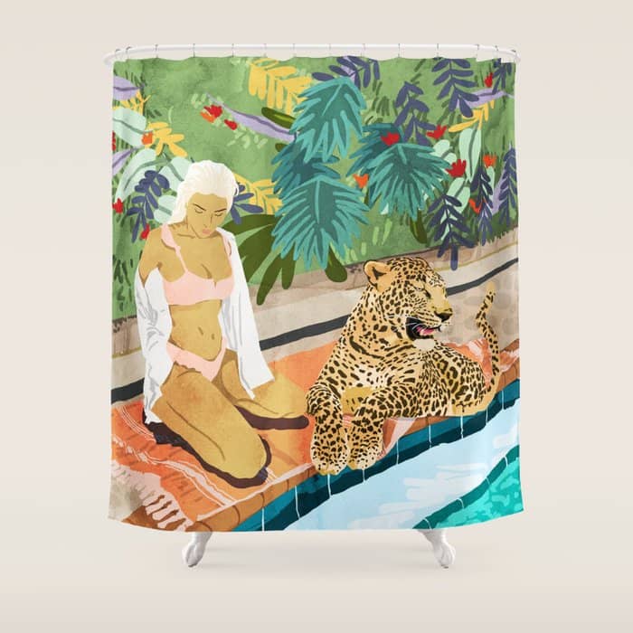 The Wild Side, Human & Nature Connection, Woman With Cheetah Cat, Tiger Painting Shower Curtain