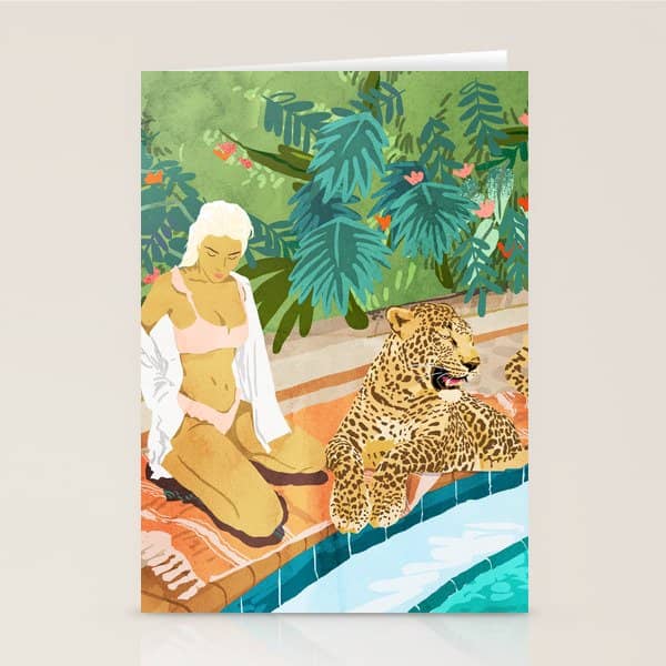 The Wild Side, Human & Nature Connection, Woman With Cheetah Cat, Tiger Painting Stationery Card