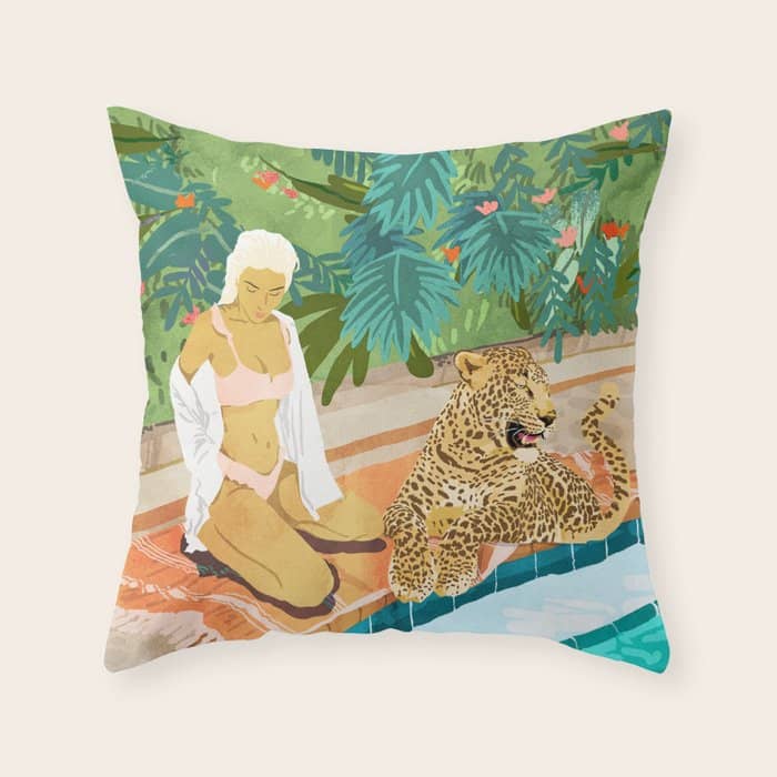 The Wild Side, Human & Nature Connection, Woman With Cheetah Cat, Tiger Painting Throw Pillow