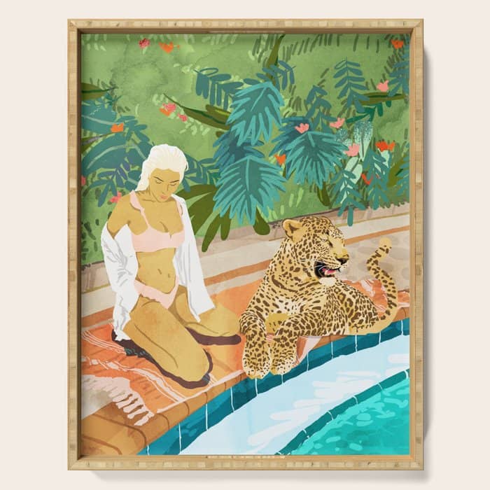 The Wild Side, Human & Nature Connection, Woman With Cheetah Cat, Tiger Painting Serving Tray