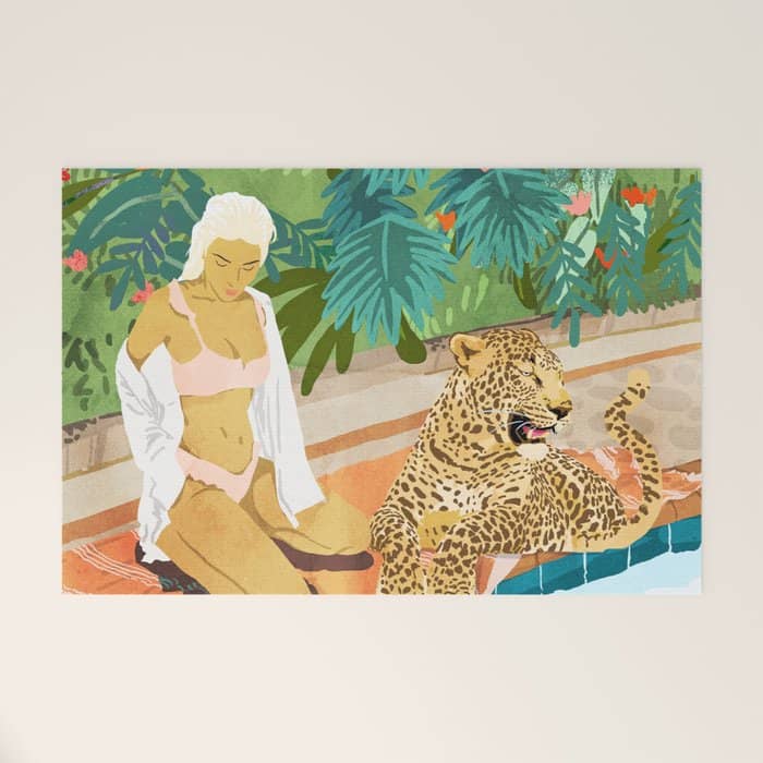The Wild Side, Human & Nature Connection, Woman With Cheetah Cat, Tiger Painting Welcome Mat