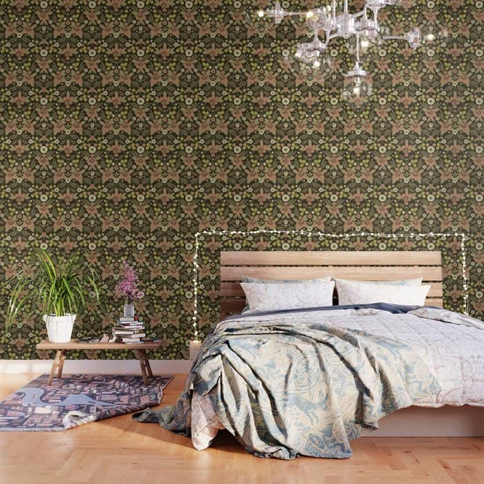 Sage, Dark Green, Peach & Cream Floral Pattern Wallpaper