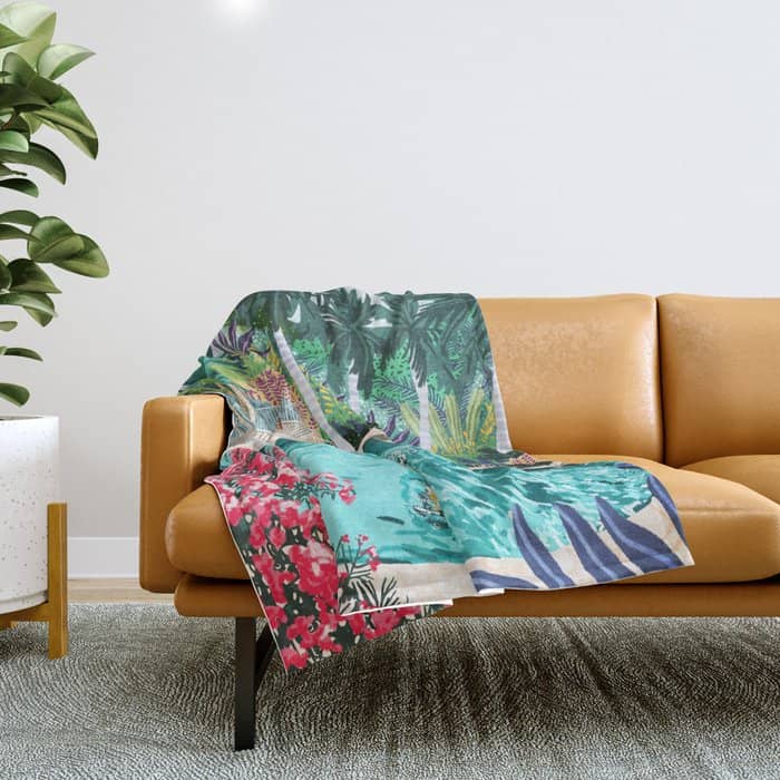 Luxury Tiger Villa Illustration, Architecture Travel Nature Painting, Hotel Landscape Garden Throw Blanket