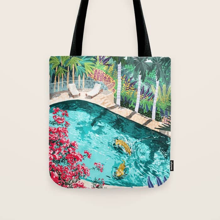 Luxury Tiger Villa Illustration, Architecture Travel Nature Painting, Hotel Landscape Garden Tote Bag