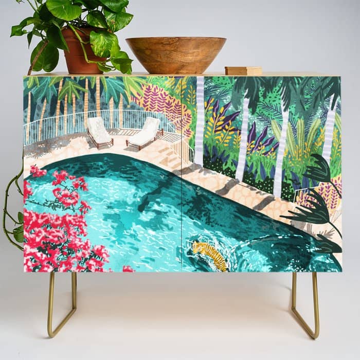 Luxury Tiger Villa Illustration, Architecture Travel Nature Painting, Hotel Landscape Garden Credenza