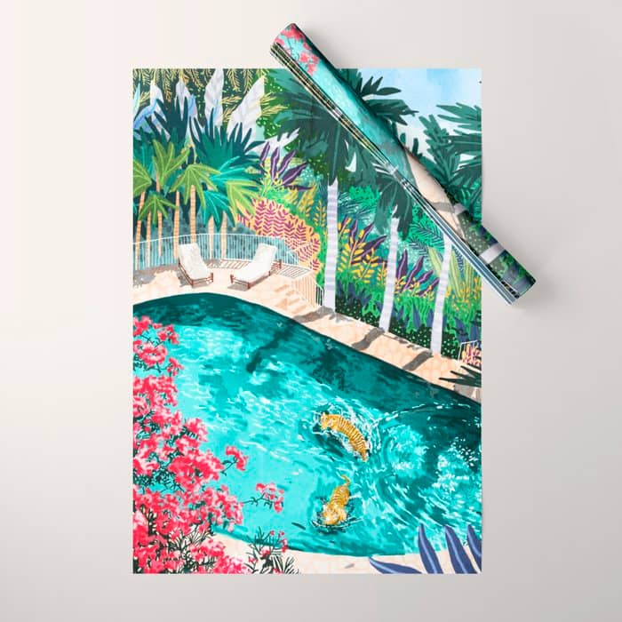 Luxury Tiger Villa Illustration, Architecture Travel Nature Painting, Hotel Landscape Garden Wrapping Paper