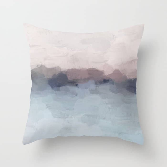 Blushing Seas - Pink Mauve Purple Navy Light Blue Abstract Painting Modern Ocean Waves Horizon Throw Pillow